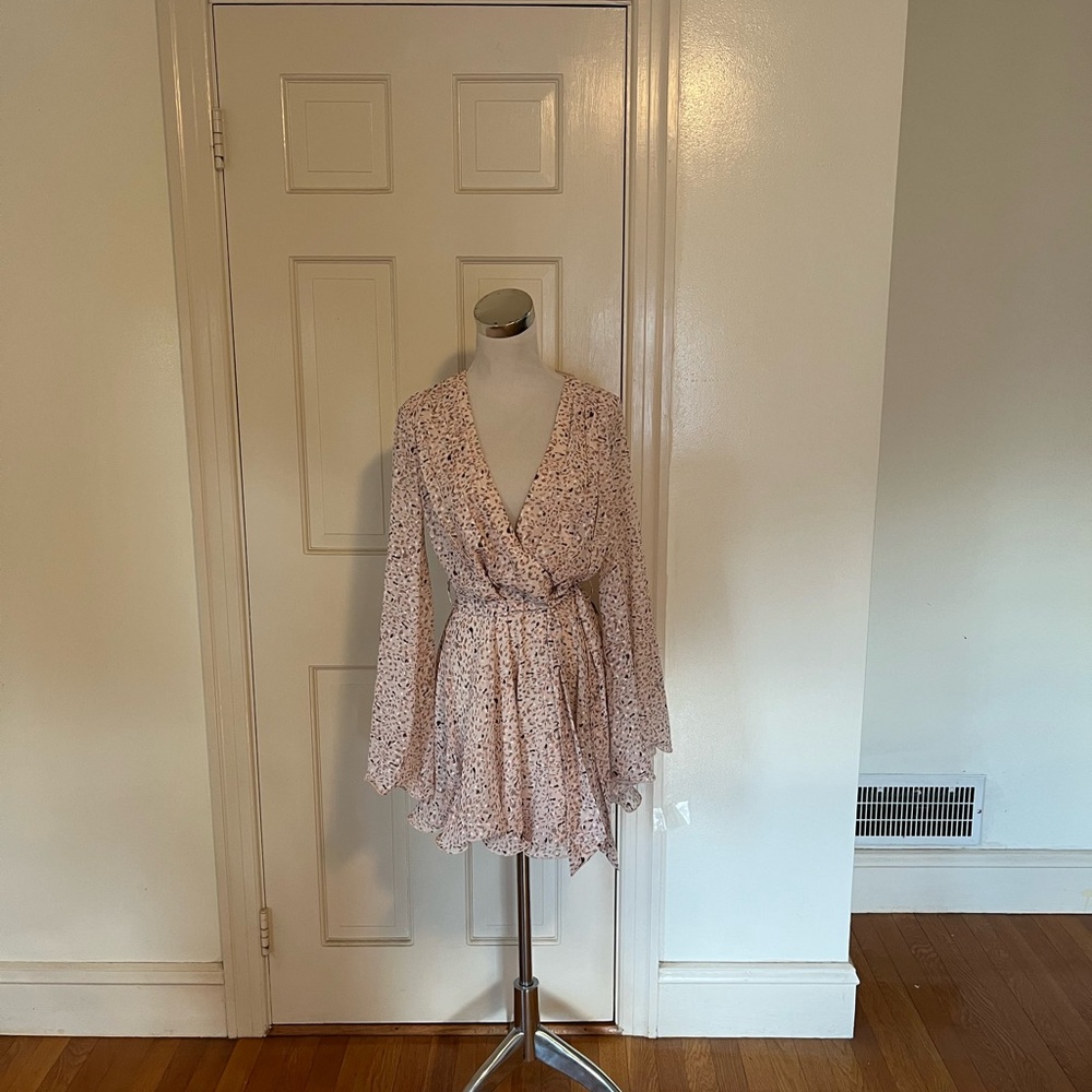NWT Hello Molly Flutter V Neck Tie Blush Print Long Sleeve Dress Sz Small 4